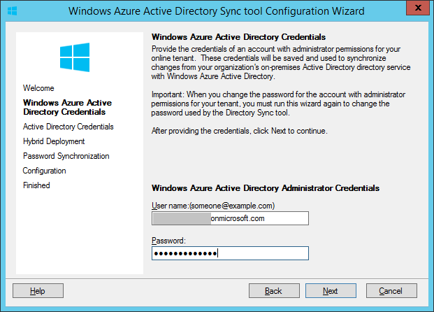 DirSync Identifiants Windows Azure