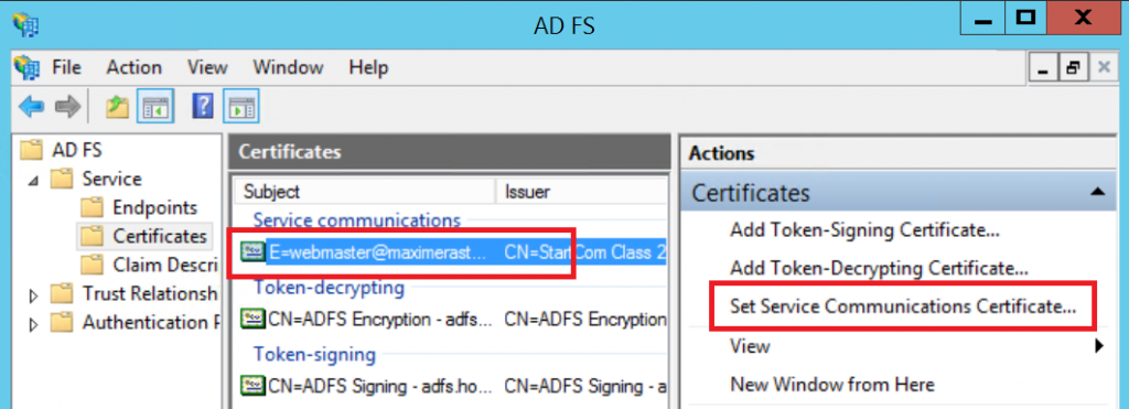 change service communication certificate adfs